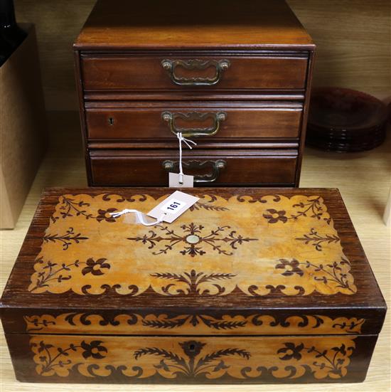 A 19th century marquetry-inlaid rosewood writing slope and a Victorian walnut table cabinet fitted four drawers (2)